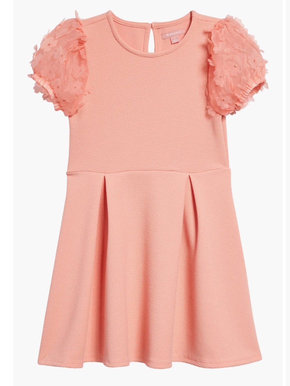 BCBG Coral Pink Sheer Puff-Sleeve A-line Dress w/3D blooms textured knit Sz 16